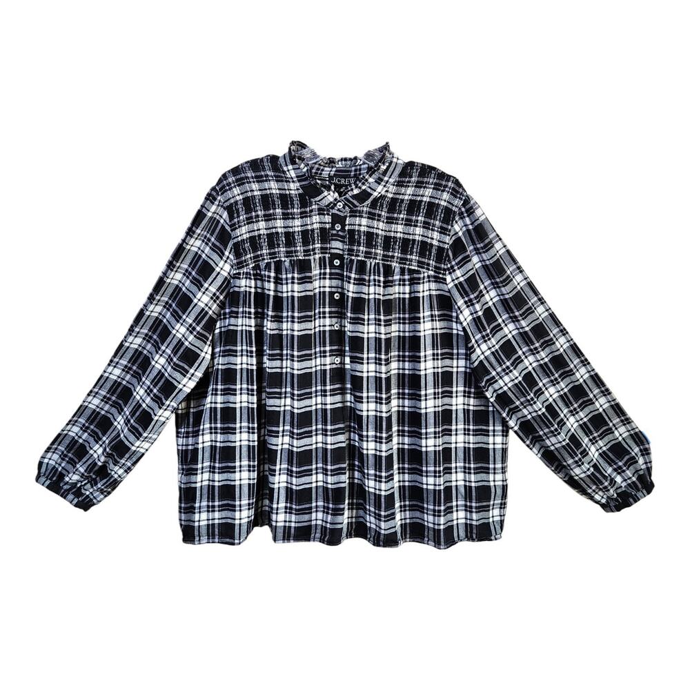 J CREW Women's Plus 3X Tunic Blouse 1/2 Buttons Smocked Plaid Black White 54"